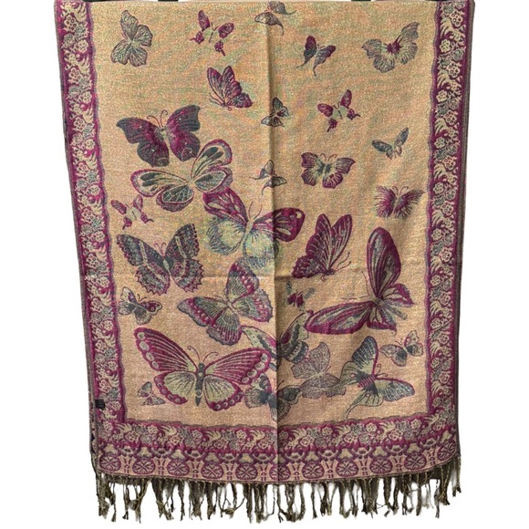 Blue Pink Fuchsia Gold Metallic Fringed Butterfly Shawl Wrap/ Scarf NEW - Picture 10 of 10